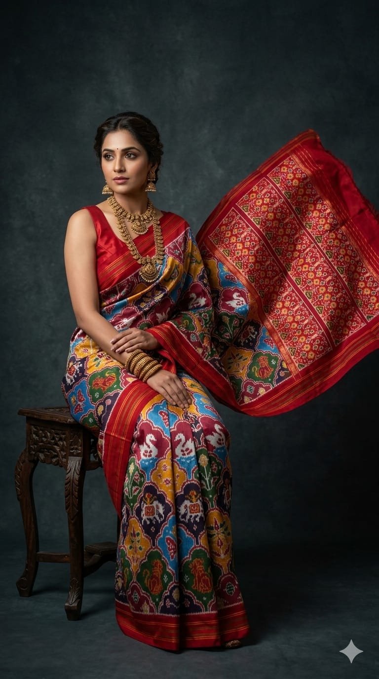Designer Ikat Saree with Multicolor Motifs and Rich Red Border